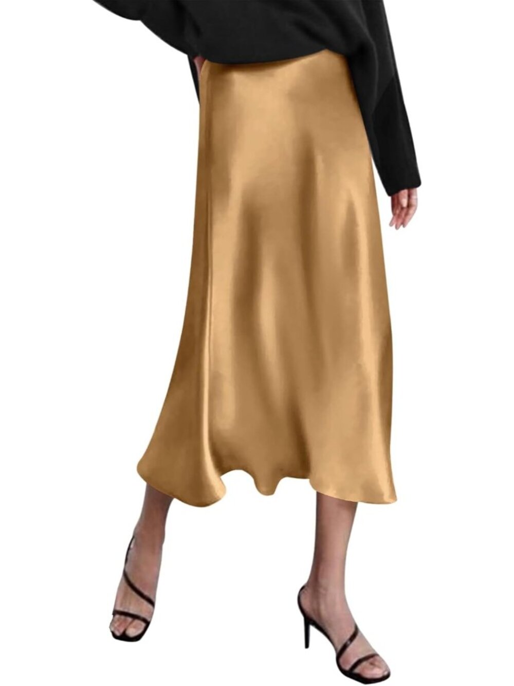 Women Gold High Waisted Solid Satin Dress Zipper Silky Slip A-Line Midi Skirt